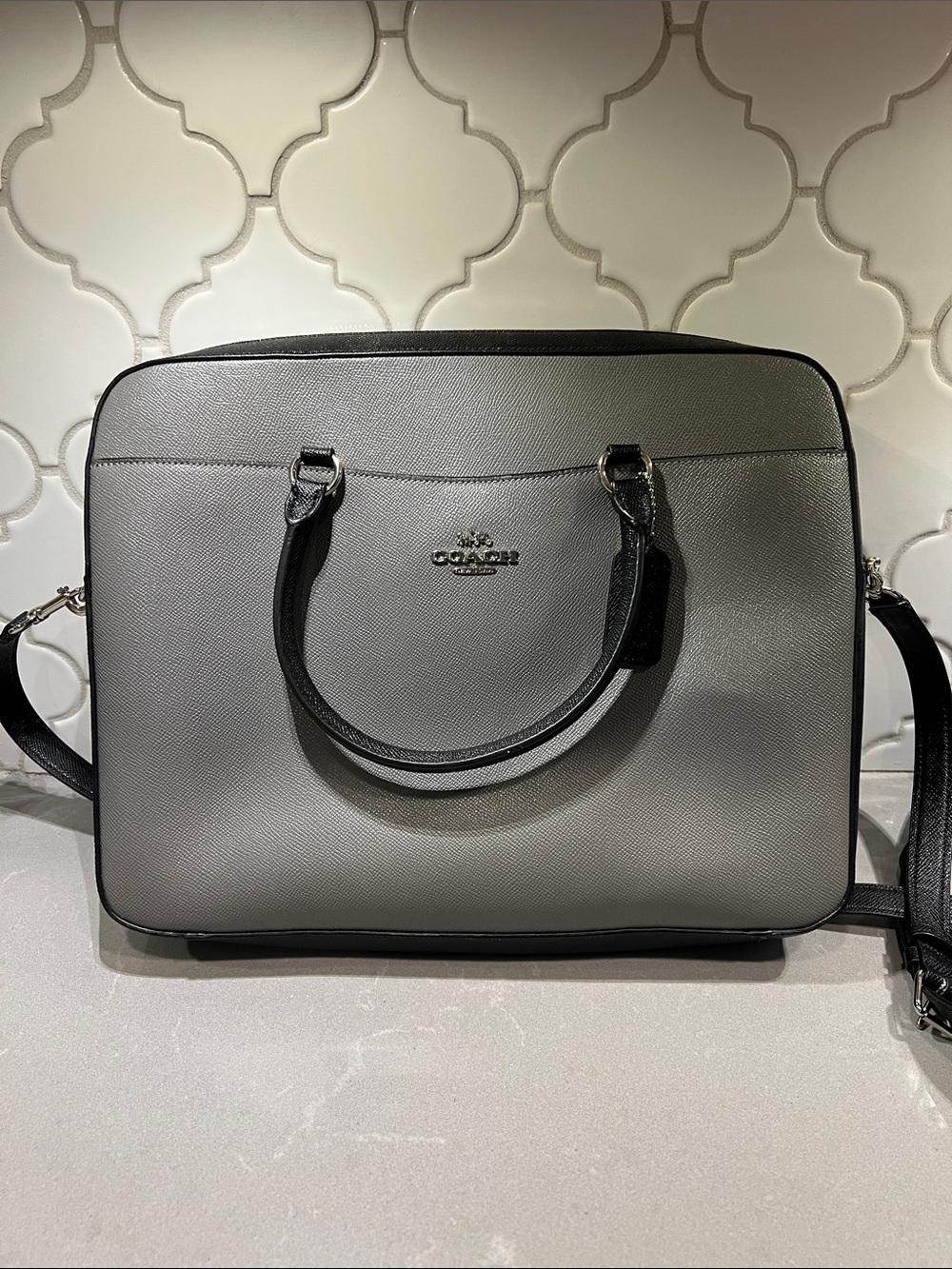 Coach Men’s Gray Leather Laptop Brief with Black Trim